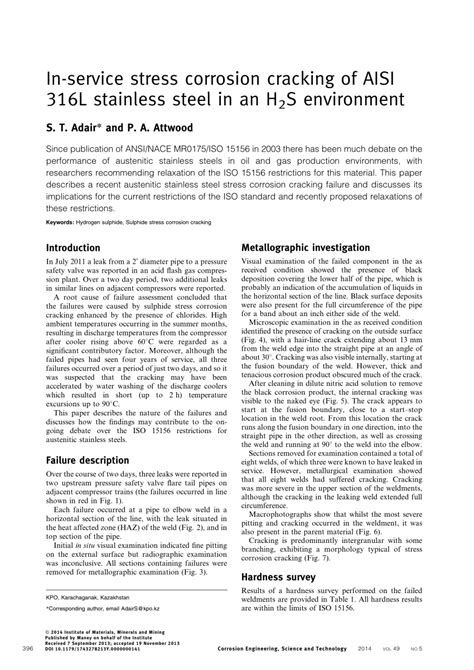 Pdf In Service Stress Corrosion Cracking Of Aisi 316l Stainless Steel