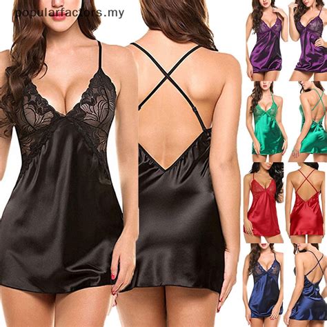 Popularfactors Sexy Lingerie Women Silk Lace Robe Dress Babydoll Nightdress Nightgown