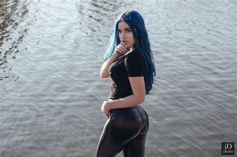 Wallpaper Blue Hair Black Clothing Finger On Lips Long Hair Pants