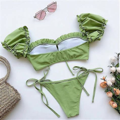 Women Shirred Bikini Solid Color Two Piece Swimsuits Set Puff Sleeve Bathing Suits Xiatian