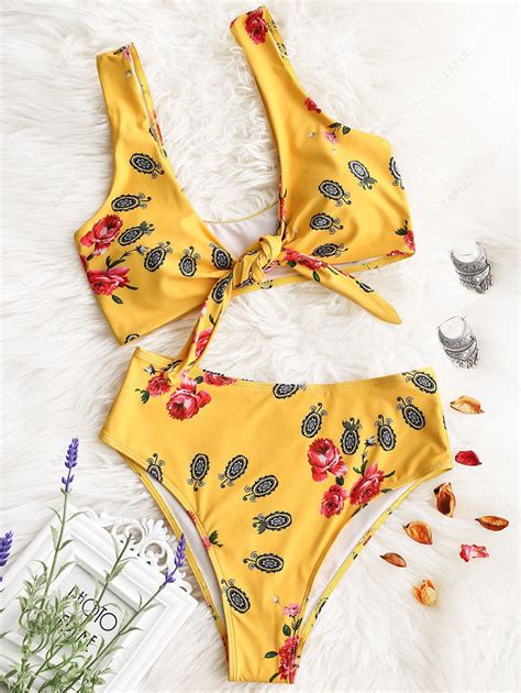 OFF Printed Knotted High Cut Bikini In MUSTARD ZAFUL