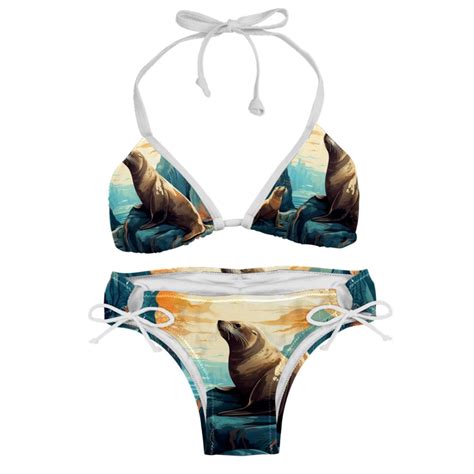 Sea Lion Stylish Bikini Set With Detachable Sponge And Adjustable Strap Two Pack Swim Suits For