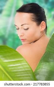 Beautiful Nude Brunette Posing Green Leaves Stock Photo