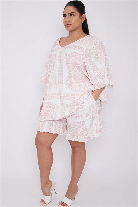 Plus Size Nude Pink 2 Piece Frill Detail Paisley Print Co Ord Set With Top Shorts Praslin
