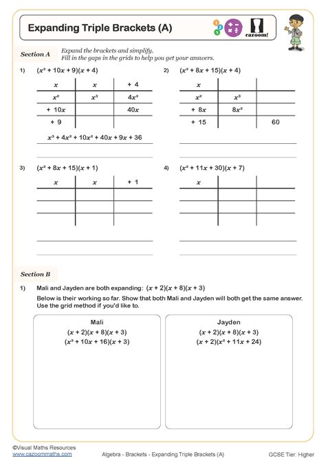 Expanding Triple Brackets A Worksheet Printable Maths Worksheets