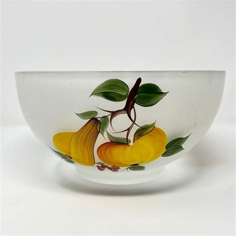 Vintage Hazel Atlas Gay Fad Studios Frosted Glass Bowl With Hand Painted Fruit Design Mid