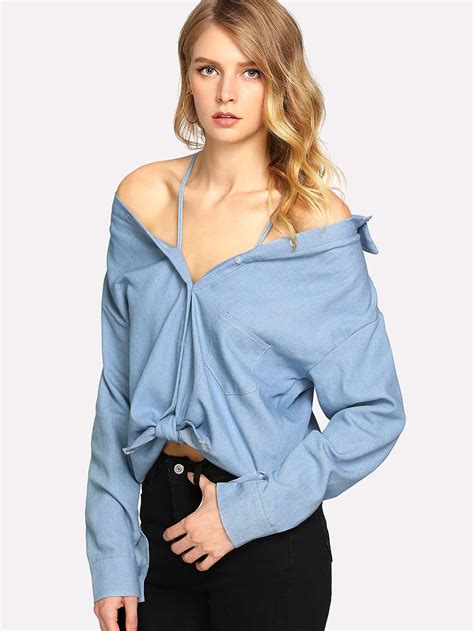 Knot Front Open Shoulder Blouse SheIn Sheinside