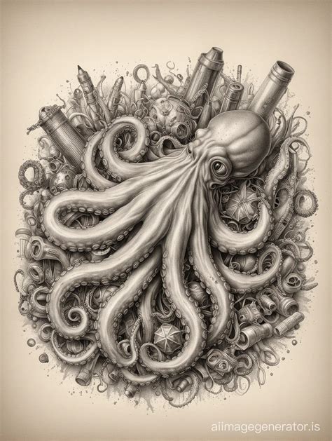 Ultra Realistic Pencil Sketch Of An Octopus Entwined With Waste Items