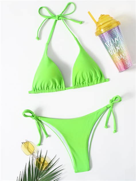 Neon Green Triangle Tie Side Bikini Swimsuit Shein Usa