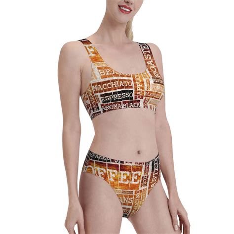 Tebeau Hand Drawn Vintage Coffee Print Bikini Set For Women Two Piece Swimsuit Bandeau Top Back