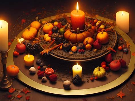 Wiccan Altar For Mabon Sabbat Fruits Pumpkins Candle Nuts And Wheel