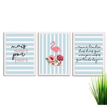 Kit de Quadros Decorativos 3 Peças Flamingo Mais Amor Los Quadros