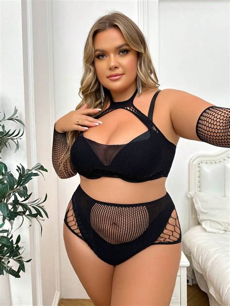 Classic Sexy Plus Size Women S Sexy Fishnet Lingerie Set Shein Usa