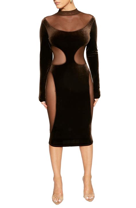 Naked Wardrobe Velvet Mesh Long Sleeve Midi Dress Editorialist