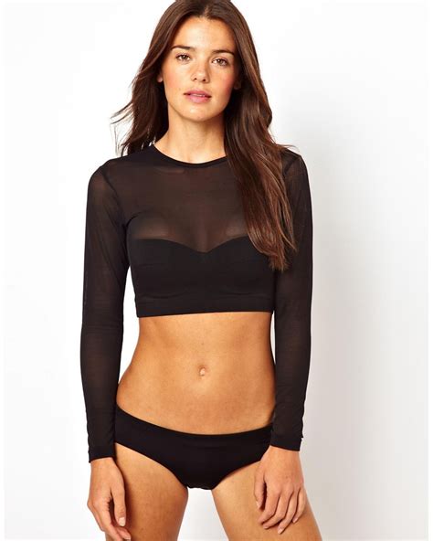 ASOS Long Sleeve Mesh Crop Bikini Top In Black Lyst