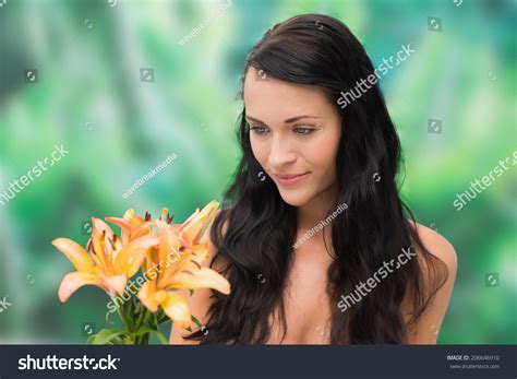 Beautiful Nude Brunette Smiling Bunch Lilies Stock Photo Edit Now 206646910