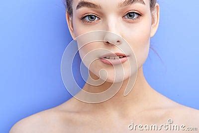 Close Up Portrait Of Naked Shirtless Female With Fresh Sking Look At Camera Stock Photography