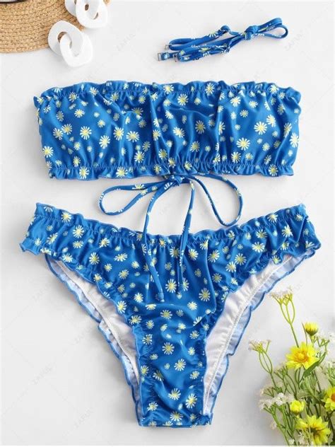 Off Popular Zaful Daisy Print Lettuce Bandeau Bikini Set