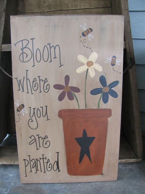 Primitive Flower Pot Flowers And Bees Hand Painted Wooden Sign