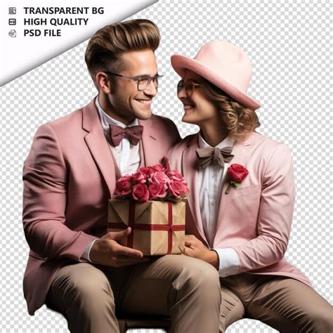 Romántica joven pareja gay Día de San Valentín con regalo Tradición Fondo transparente PSD