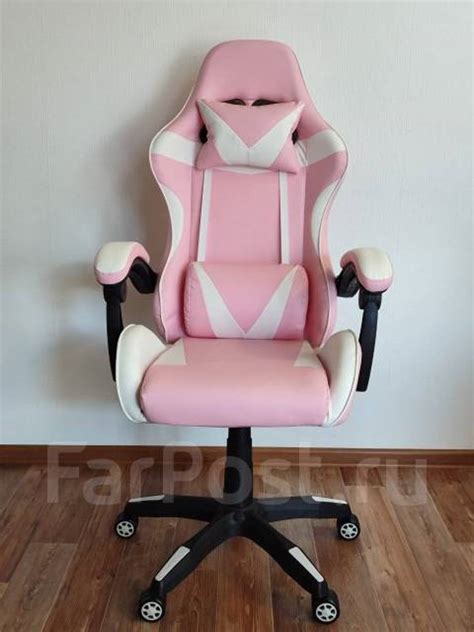 Кресло компьютерное игровое, кожзам, колеса, белый, розовый, 50,0 см ...