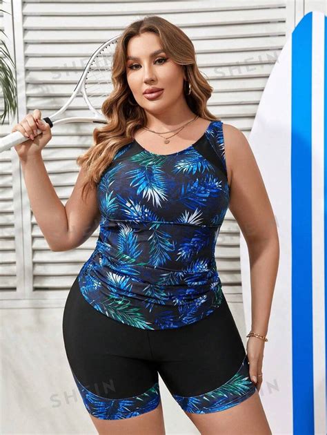 Shein Swim Lushore Plus Size Women S Sporty Plant Print Vest Style