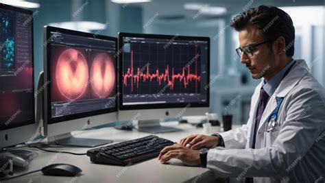 Premium Ai Image Doctor Analyzing Pulse Trace On Computer Monitor In Modern Hospital