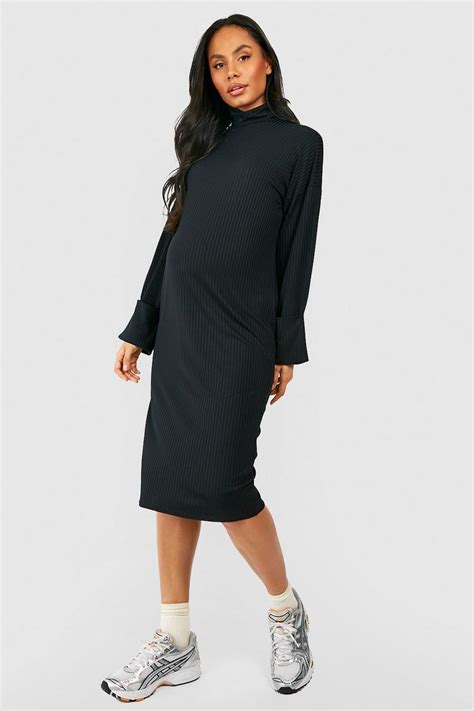 Maternity Soft Rib Roll Neck Midi Jumper Dress Boohoo