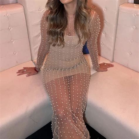 Mesh See Through Pearls Dress Women Bikini Cover Up See Through Maxi Long Dress