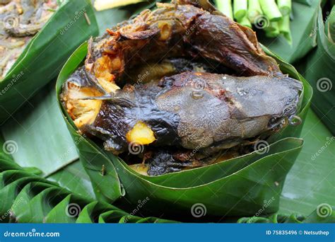 Roasted Catfish In Banana Leaves Vessel Stock Photo Image Of Leave