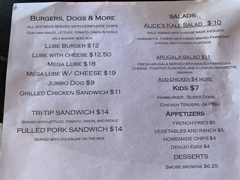 Menu at Lube Room Saloon pub & bar, Dorrington
