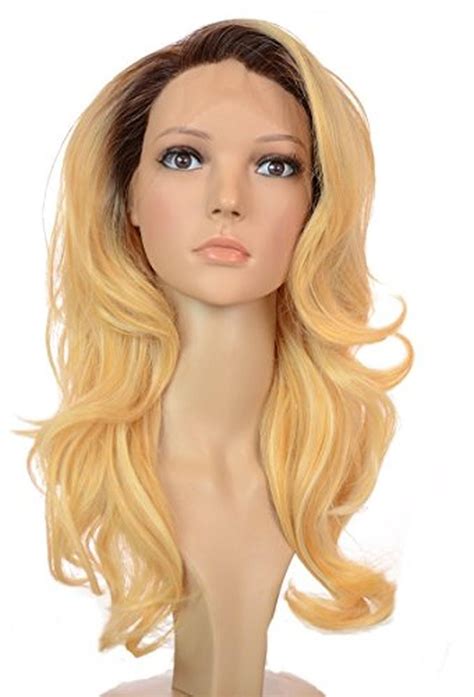 Blonde Long Wavy Lace Front Wig Dark Root Effect Human Hair Blend Brought To You By