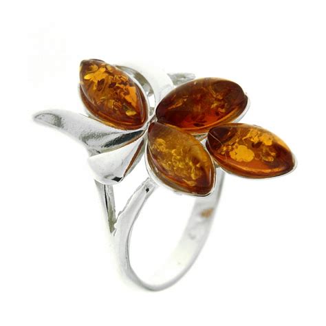 Bague Argent Ambre Motif 4 Pierres Navette Ref 33140