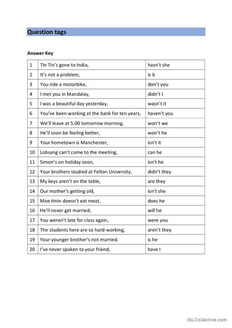 Question Tags Intermediate English Esl Worksheets Pdf And Doc