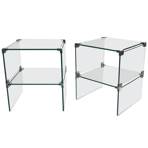 1970s Italian Vintage Pair Of Two Tier Nickel And Crystal Clear Glass Side Tables At 1stdibs