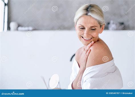 Middle Aged Woman Touching Naked Shoulder And Enjoy Pure Smooth Skin Stock Image Image Of Copy