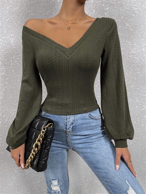 Solid Lantern Sleeve V Neck Rib Knit Tee Shein Usa