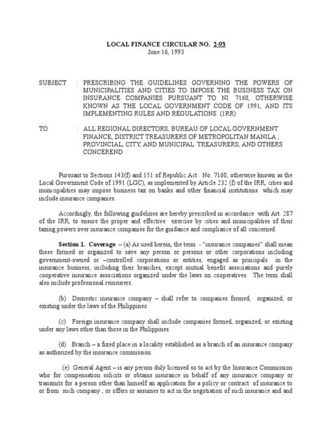 local finance circular     reinsurance insurance