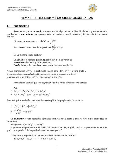 PDF TEMA 1 POLINOMIOS Y FRACCIONES ALGEBRAICAS 1 Polinomios