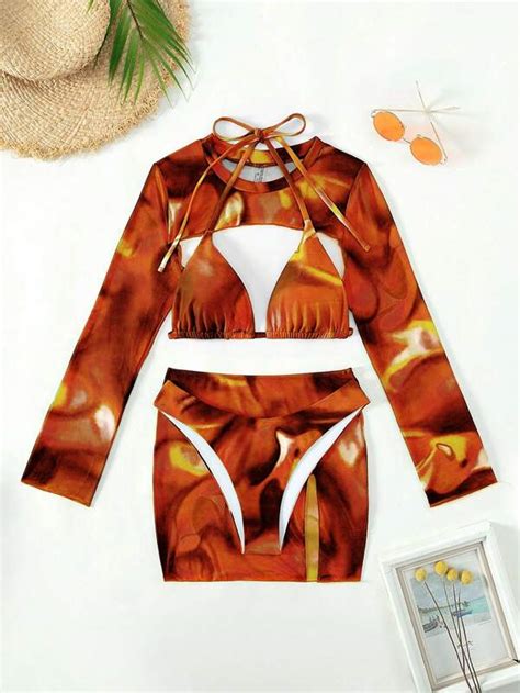 SHEIN Swim Y GLAM Tie Dye Halter Triangle Bikini Swimsuit With Cover Up Set SHEIN USA