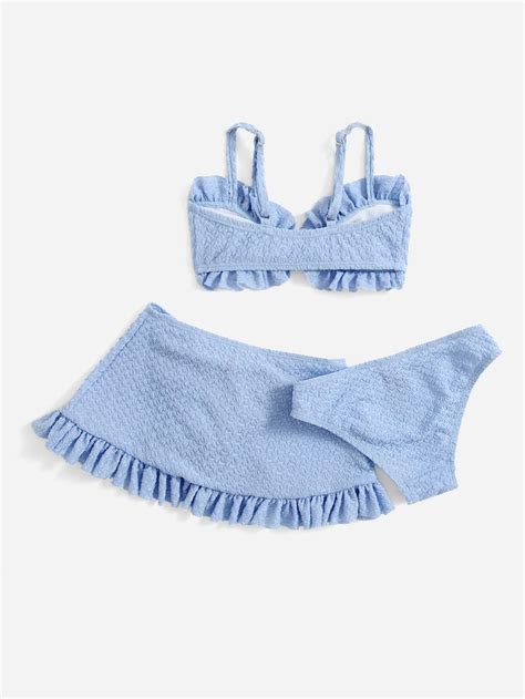Conjunto De Bikini Con Volantes Texturizados Lazo Frontal Para Ni A Joven Verano Playa Moda