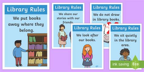 👉 Library Rules Display Posters Illustrations