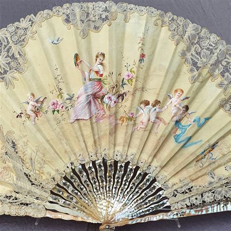 Proantic Art Nouveau Fan Mother Of Pearl Gouache On Skin Lace Ven