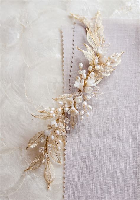 Wild Willows Gold Leaf Bridal Headpiece With Pearls By Percy Handmade