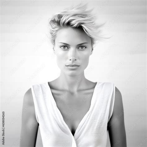 Portrait Noir Et Blanc Hi Key D Une Belle Jeune Femme Blonde Cheveux Court Coupe Moderne En
