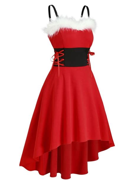 37 Off 2020 Christmas Faux Fur Insert Lace Up High Low Dress In Red Dresslily Christmas