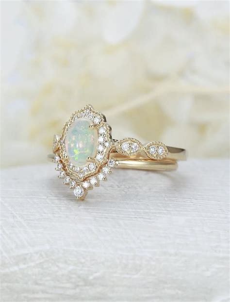 Opal Engagement Ring Set Yellow Gold Diamond Moissanite Vintage Halo