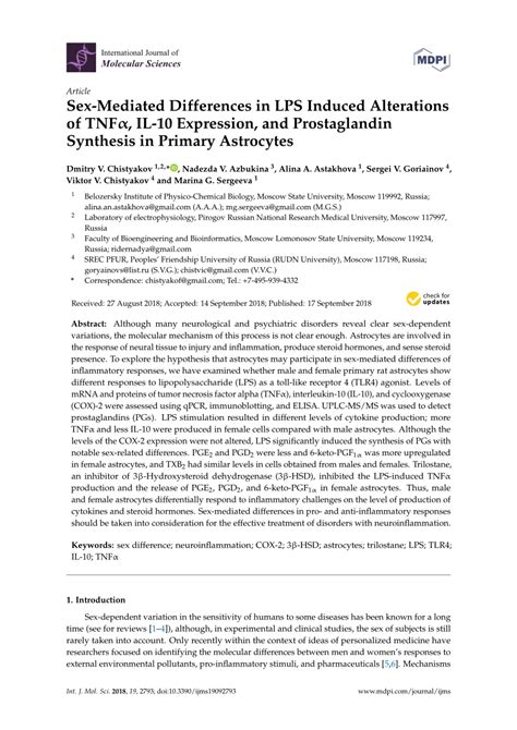 Pdf Sex Mediated Differences In Lps Induced Alterations Of Tnfα Il