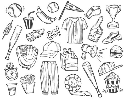 Baseball doodle set. Special sport equipment. Hand drawn vector