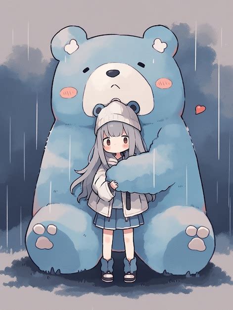 Premium Ai Image Anime Girl Hugging A Giant Blue Teddy Bear In The Rain Generative Ai